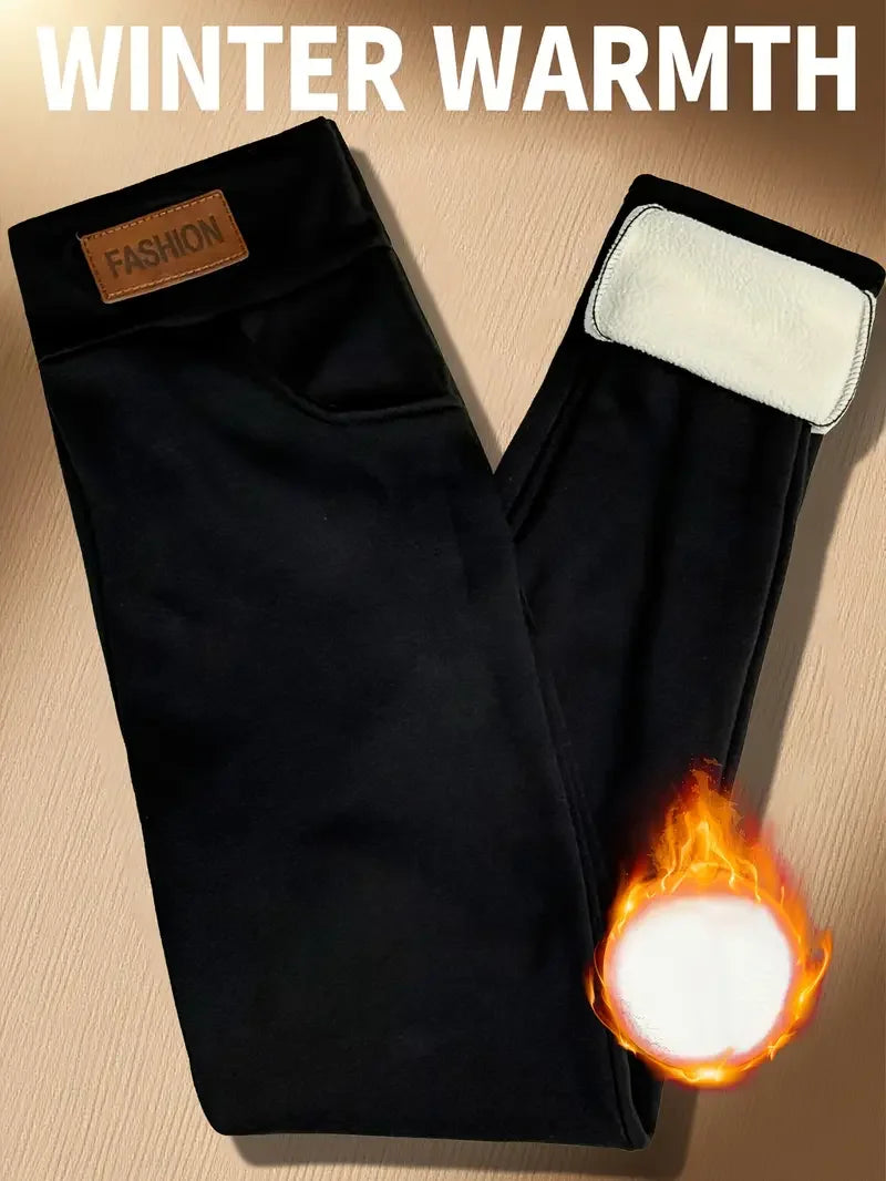 1PC Women's High-Waisted Thermal Leggings with Fashion Leather Logo,Winter fleece-lined thick yoga pants for outdoor wear