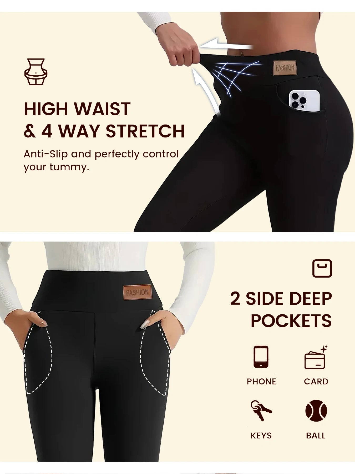 1PC Women's High-Waisted Thermal Leggings with Fashion Leather Logo,Winter fleece-lined thick yoga pants for outdoor wear