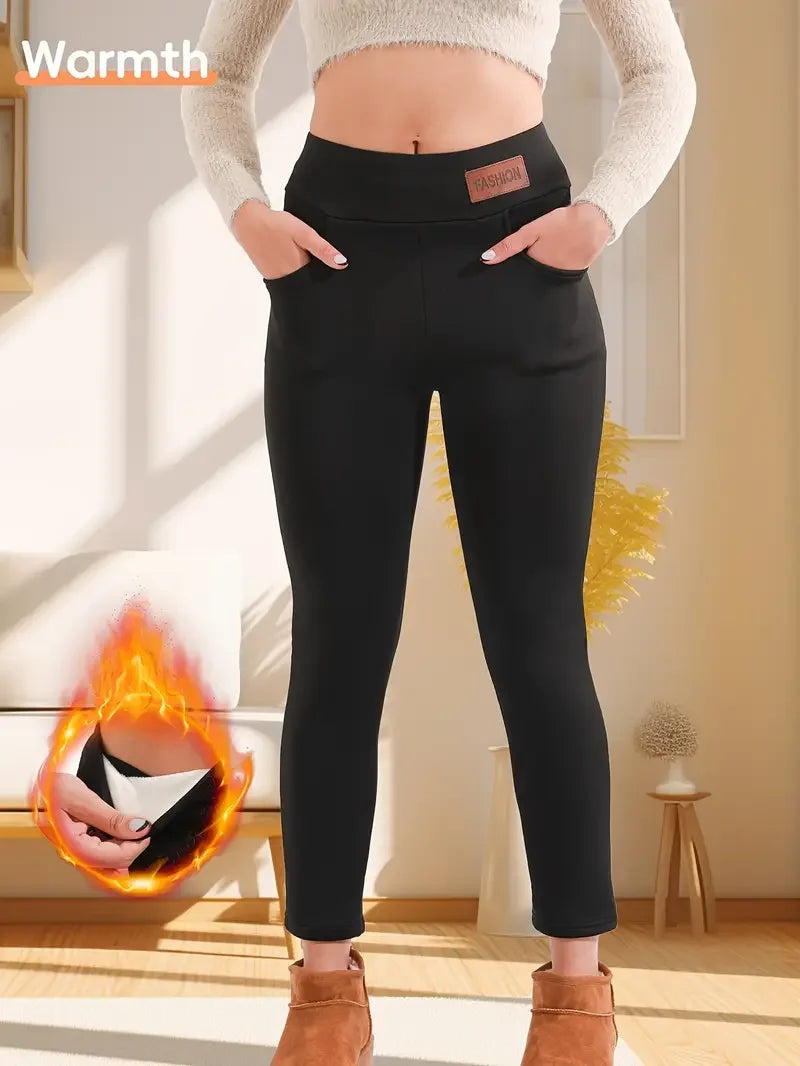 1PC Women's High-Waisted Thermal Leggings with Fashion Leather Logo,Winter fleece-lined thick yoga pants for outdoor wear