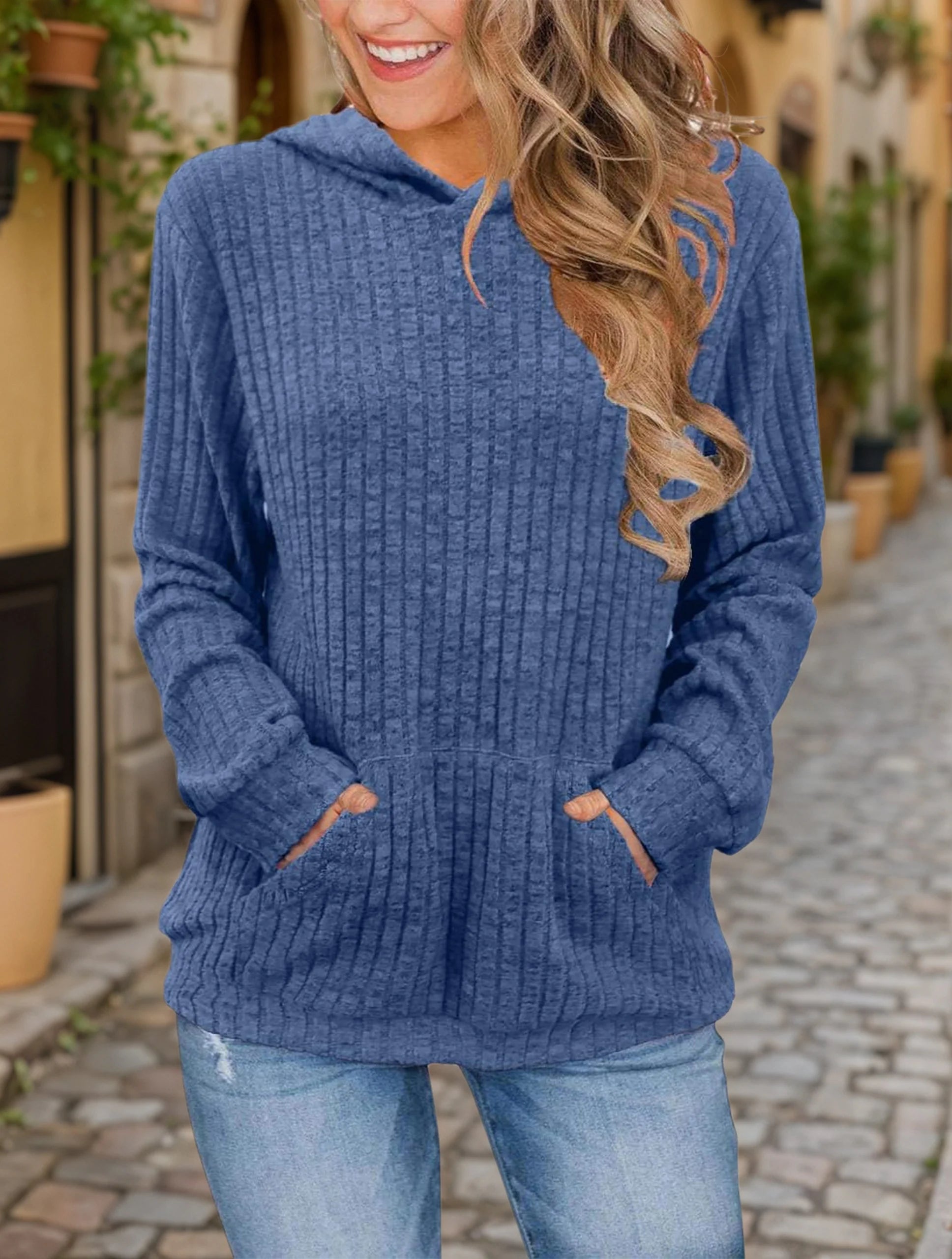 Plus size fashion women's solid color ribbed hooded casual long sleeve sweatshirt with pockets
