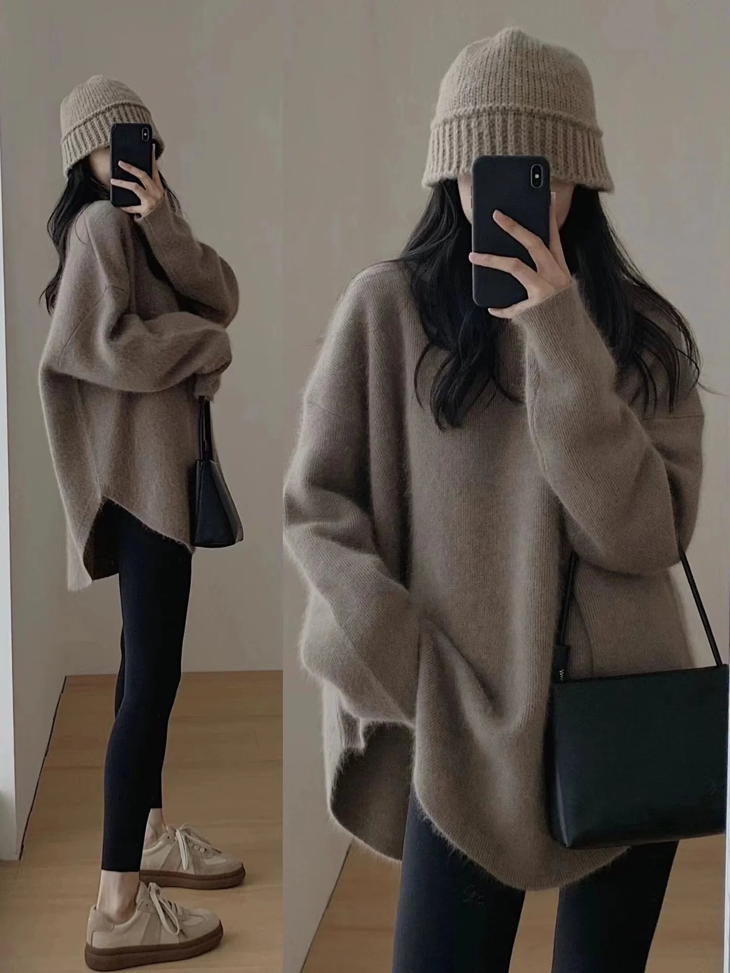Women's Lazy Kaze Jun Mountain Cashmere Sweater round Neck Loose Long Hem Split Skirt Thickened Knitted Bottoming Shi