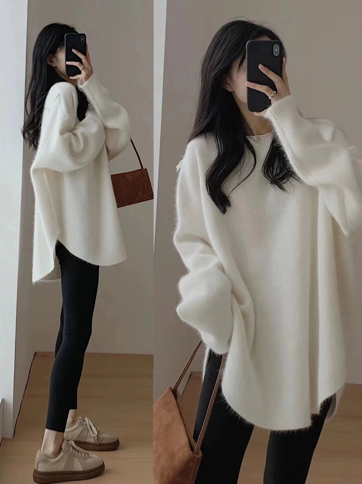 Women's Lazy Kaze Jun Mountain Cashmere Sweater round Neck Loose Long Hem Split Skirt Thickened Knitted Bottoming Shi