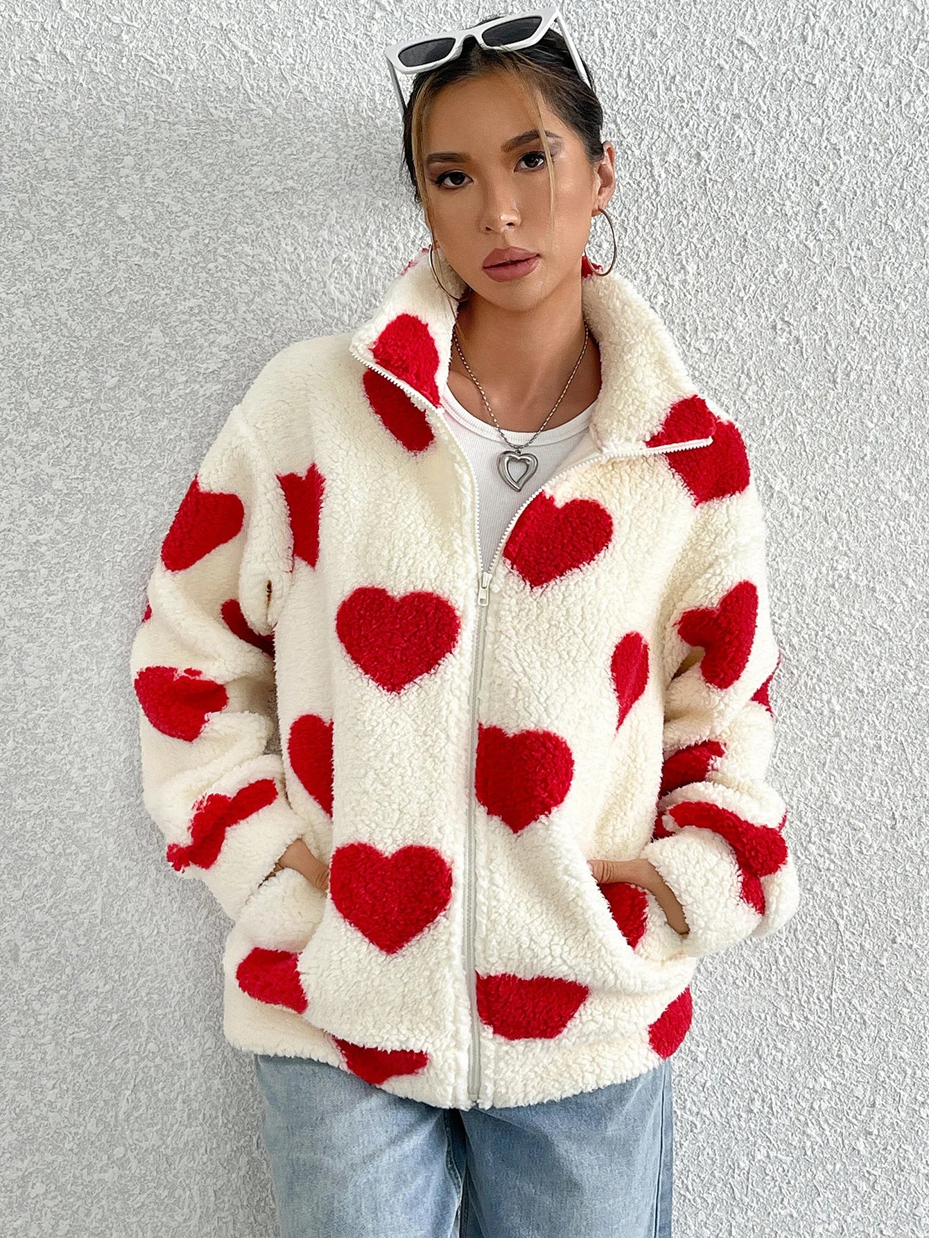 Autumn Winter Women Fleece Warm Plush Zipper Love Heart Printed Jacket Casual Women Fleece Coat Clothes Women Cardigan Wears