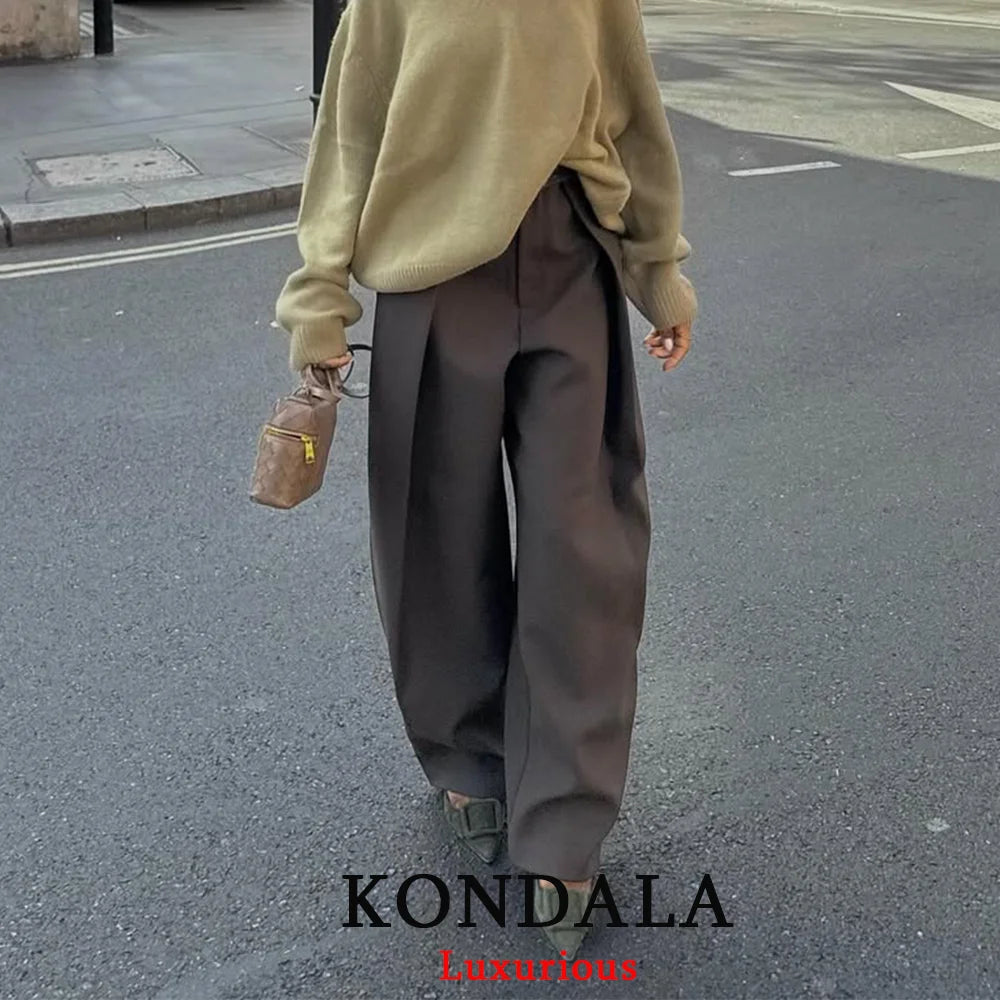 KONDALA Casual Chic Wide Leg Pants Women Office Lady Pockets Pleated Long Trousers Fashion 2026 Spring Summer Streetwear Pants