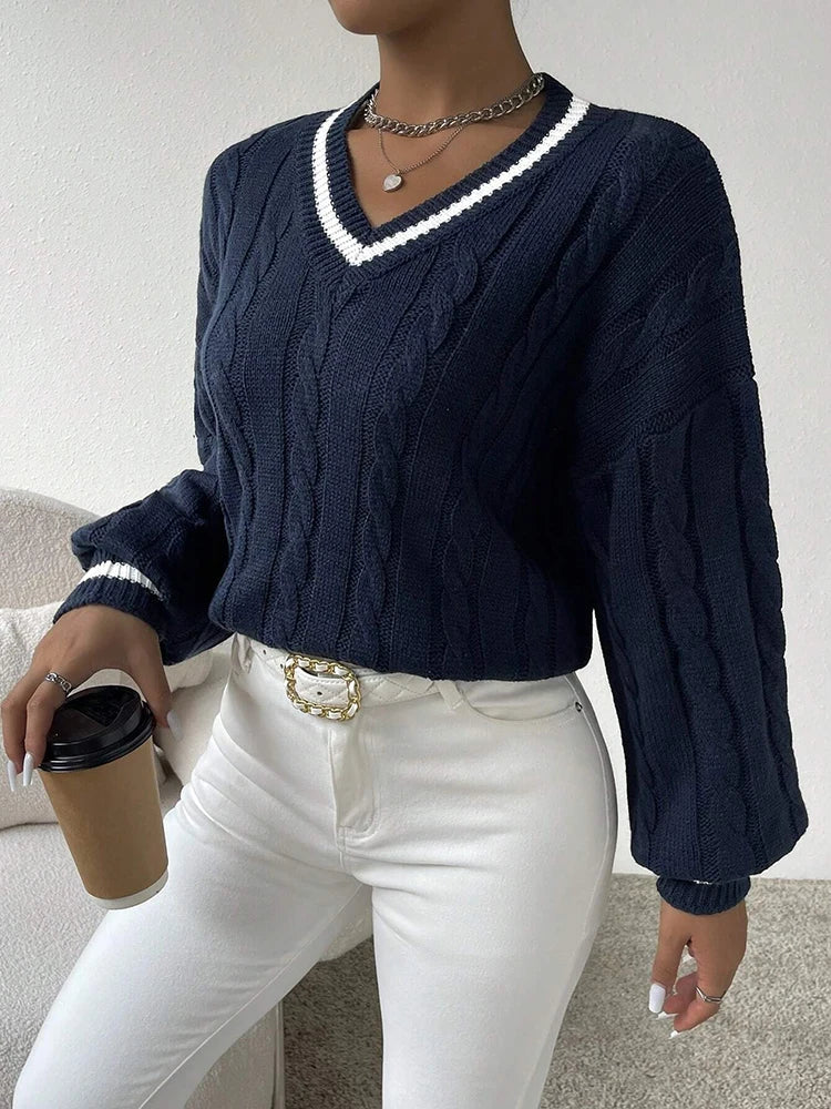 Fashionable and elegant V-neck top Women's Fried Dough Twists intercolor knitwear Long sleeve loose