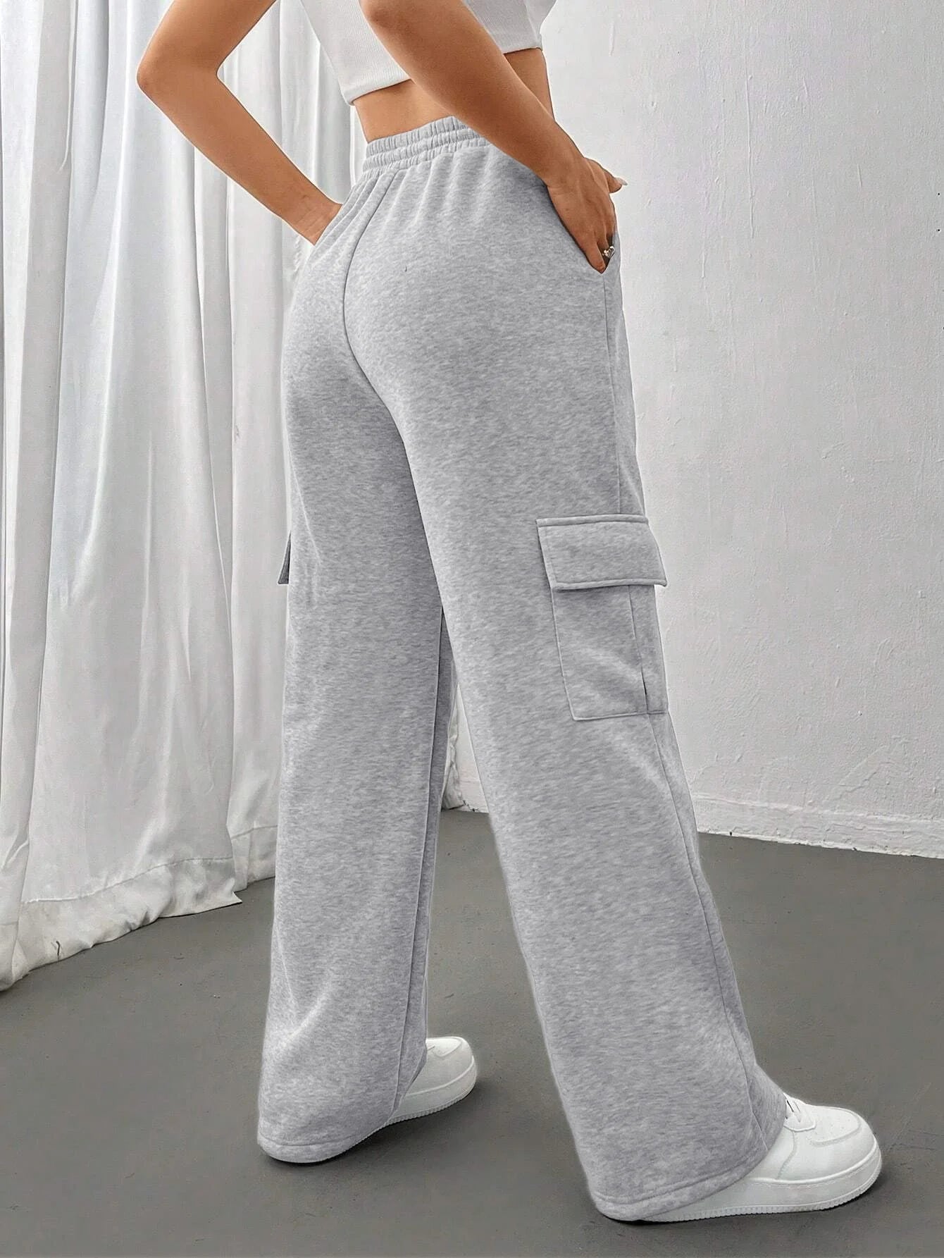 Women's Solid Thermal Lined Pants, Casual Comfy Side Pocket Drawstring Trousers for Winter, Women's Bottoms for Sport Daily Wear