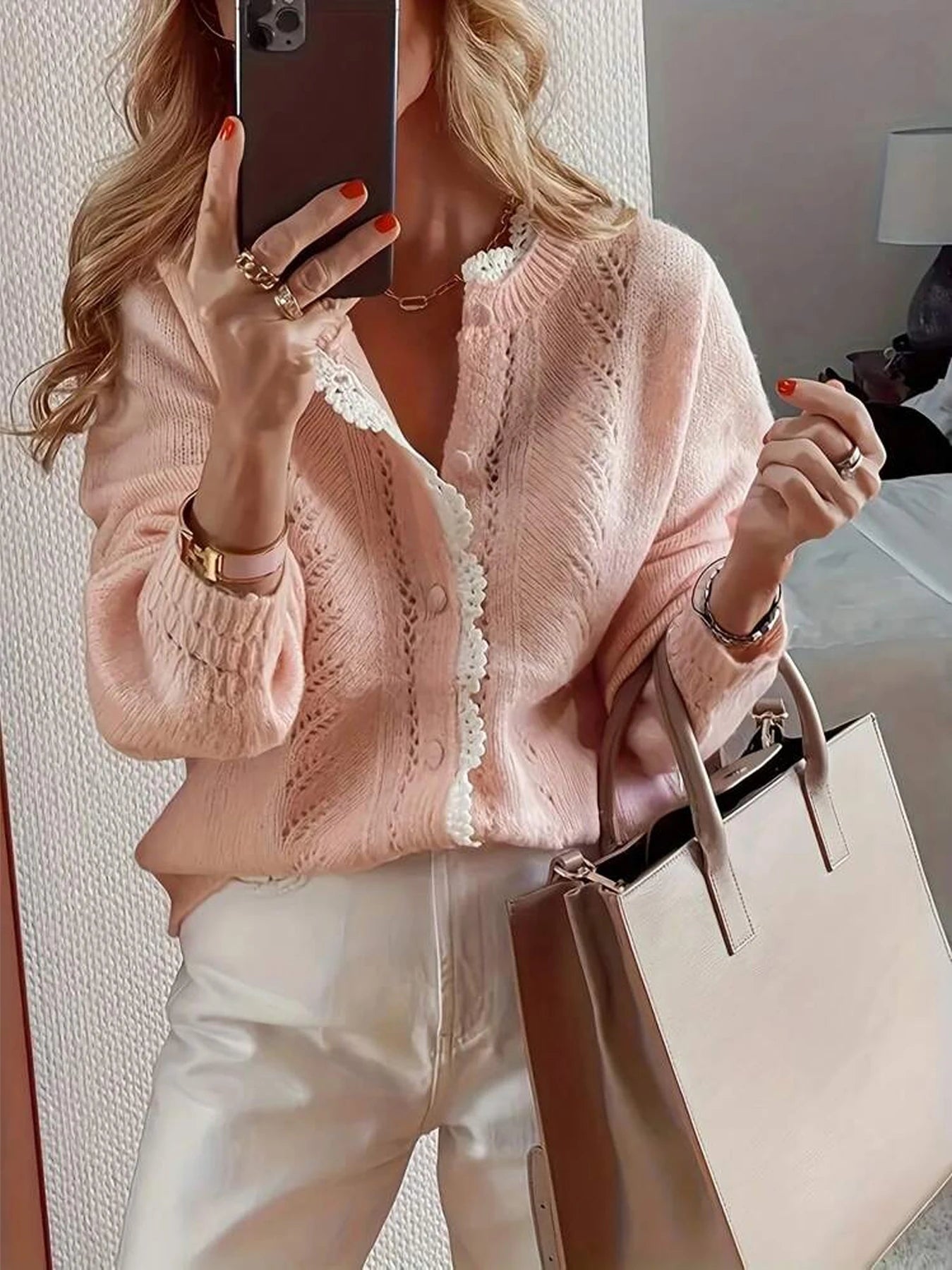 Autumn and winter fashion elegant long sleeved lace patchwork cardigan knitted sweater