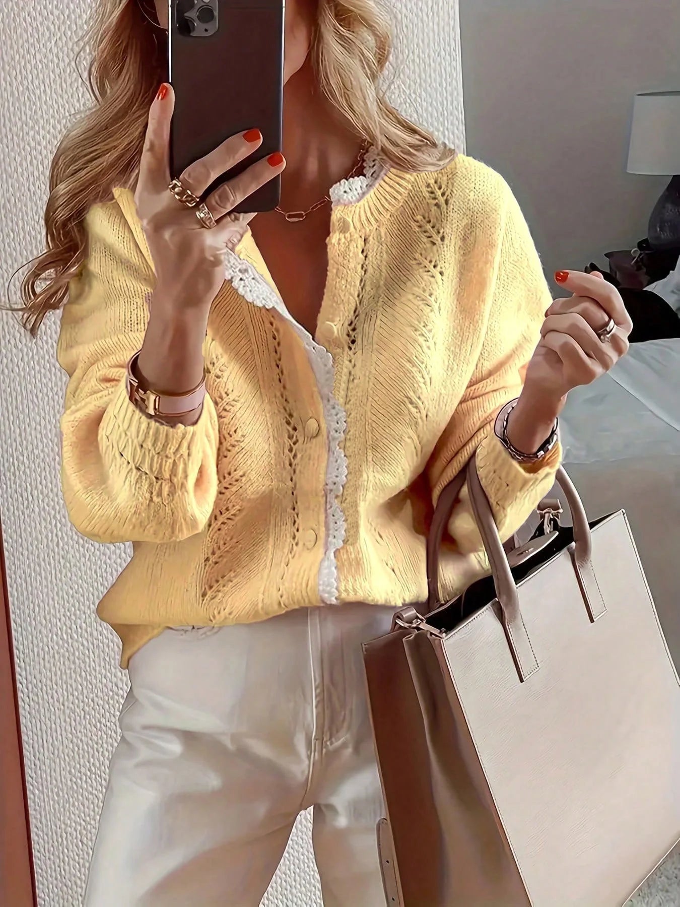 Autumn and winter fashion elegant long sleeved lace patchwork cardigan knitted sweater