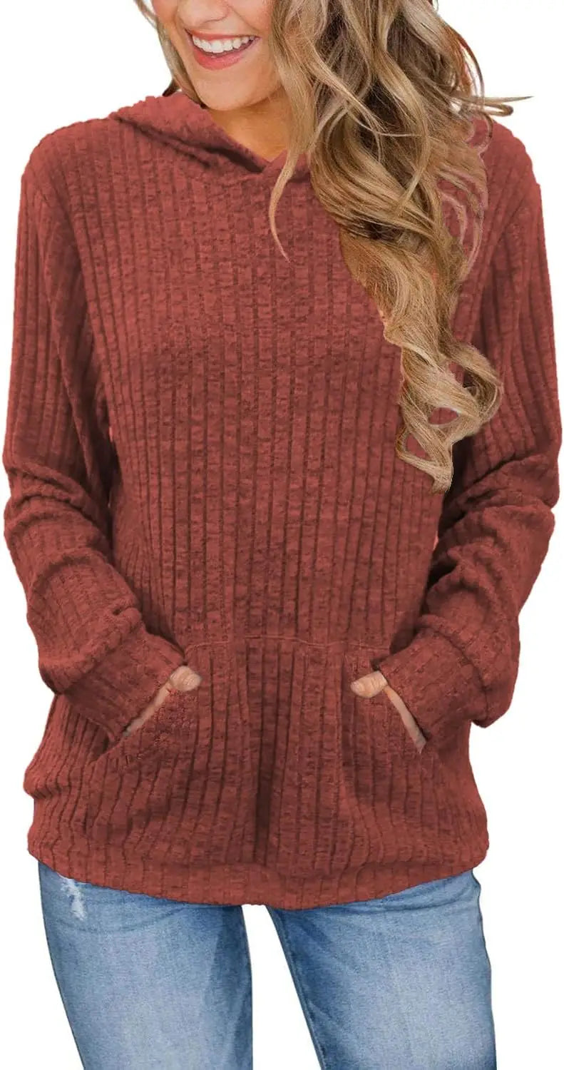 Plus size fashion women's solid color ribbed hooded casual long sleeve sweatshirt with pockets