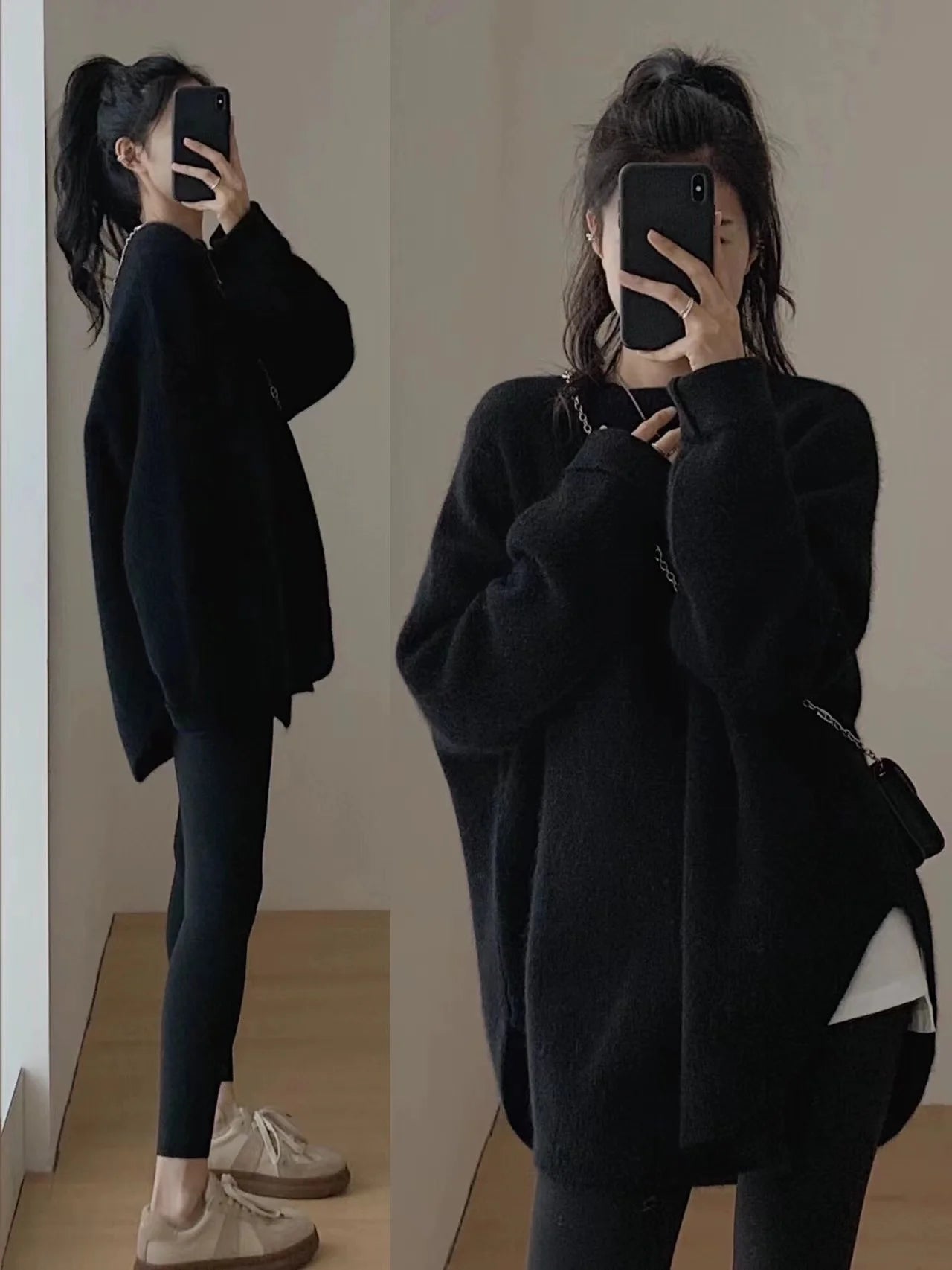 Women's Lazy Kaze Jun Mountain Cashmere Sweater round Neck Loose Long Hem Split Skirt Thickened Knitted Bottoming Shi