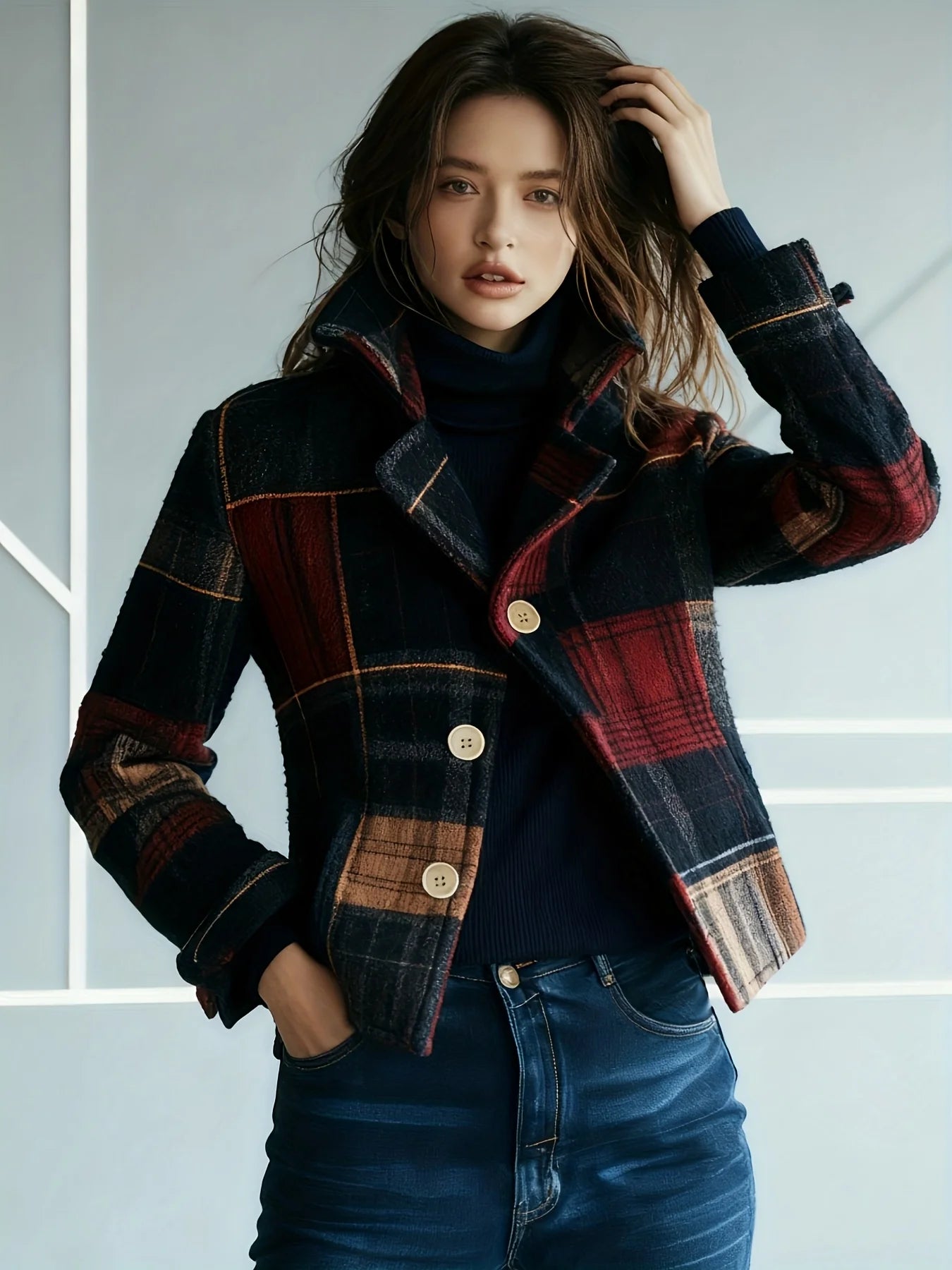 Women's Autumn/Winter Retro Plaid Jacket with Two-Button Closure, Soft and Comfortable Fabric, Perfect for Daily Casual Wear