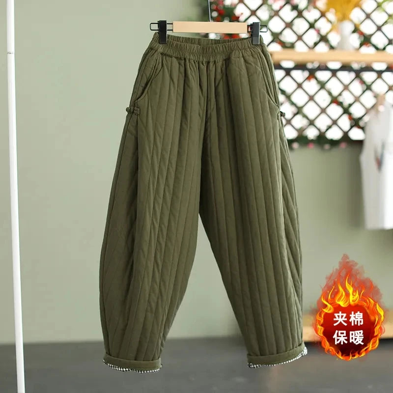 Women's Warm Pants Autumn Winter 2025 Vertical line pressed Solid Cotton padded Elastic waist band Buckle Casual Carrot trousers