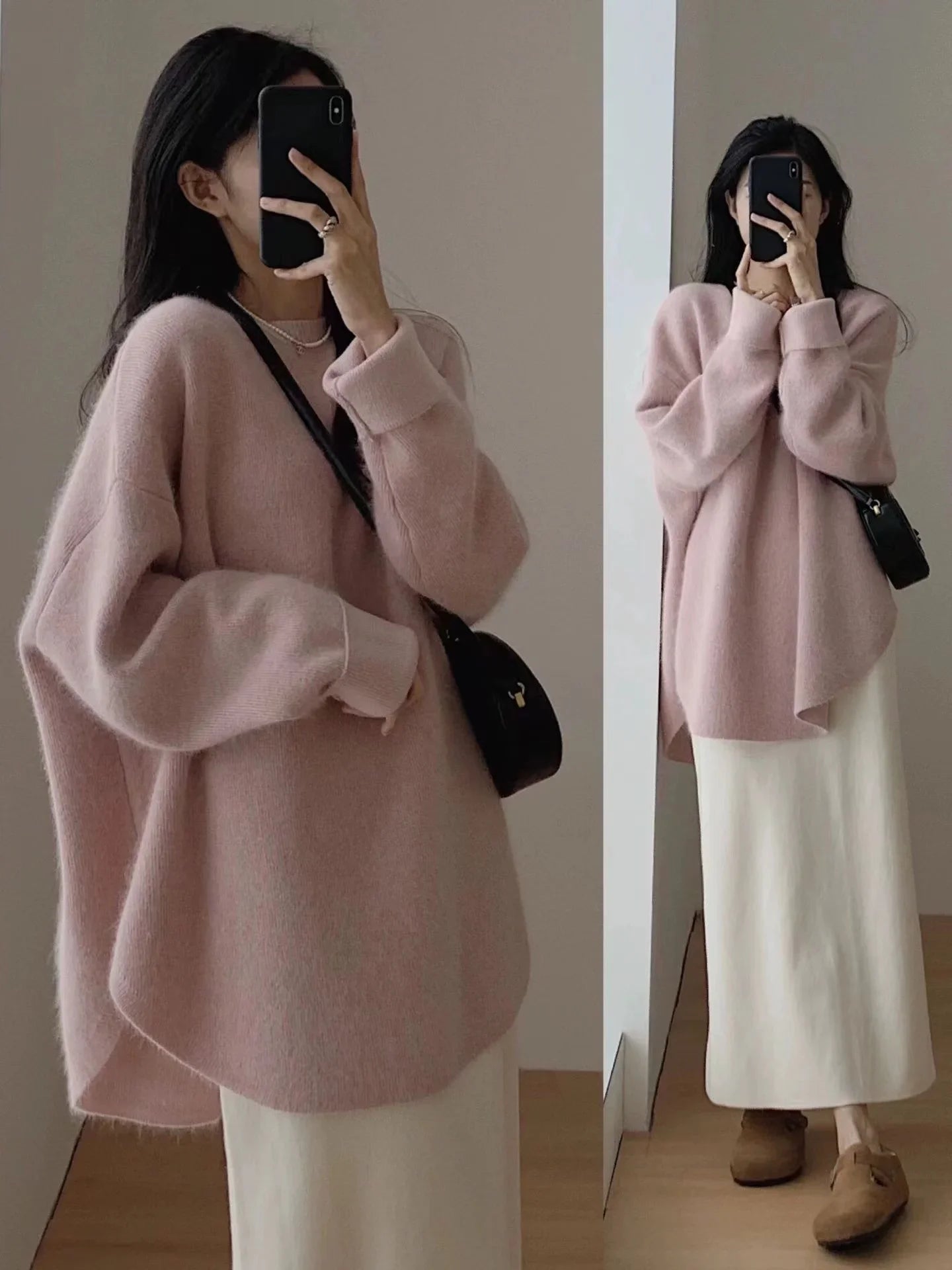 Women's Lazy Kaze Jun Mountain Cashmere Sweater round Neck Loose Long Hem Split Skirt Thickened Knitted Bottoming Shi