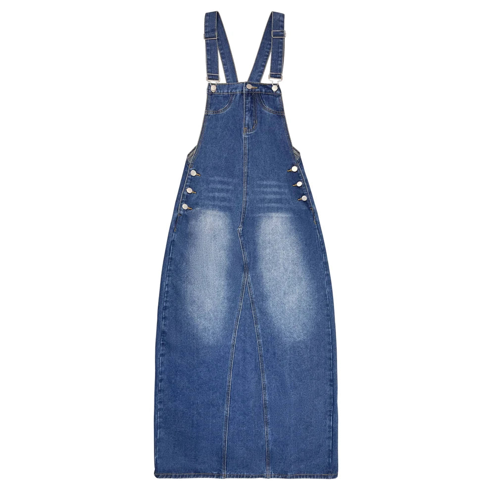 Multiple Buttons Detachable Shoulder Straps Maxi Denim Dress Women's Casual Denim Overall Dress Loose Fit Versatile Outfits