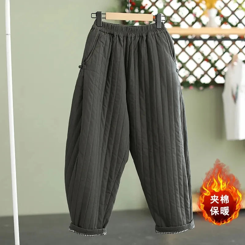 Women's Warm Pants Autumn Winter 2025 Vertical line pressed Solid Cotton padded Elastic waist band Buckle Casual Carrot trousers