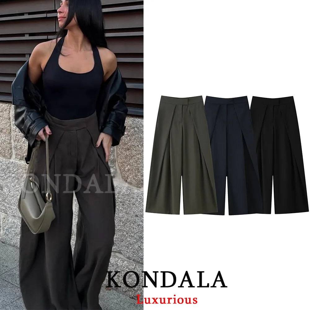 KONDALA Casual Chic Wide Leg Pants Women Office Lady Pockets Pleated Long Trousers Fashion 2026 Spring Summer Streetwear Pants