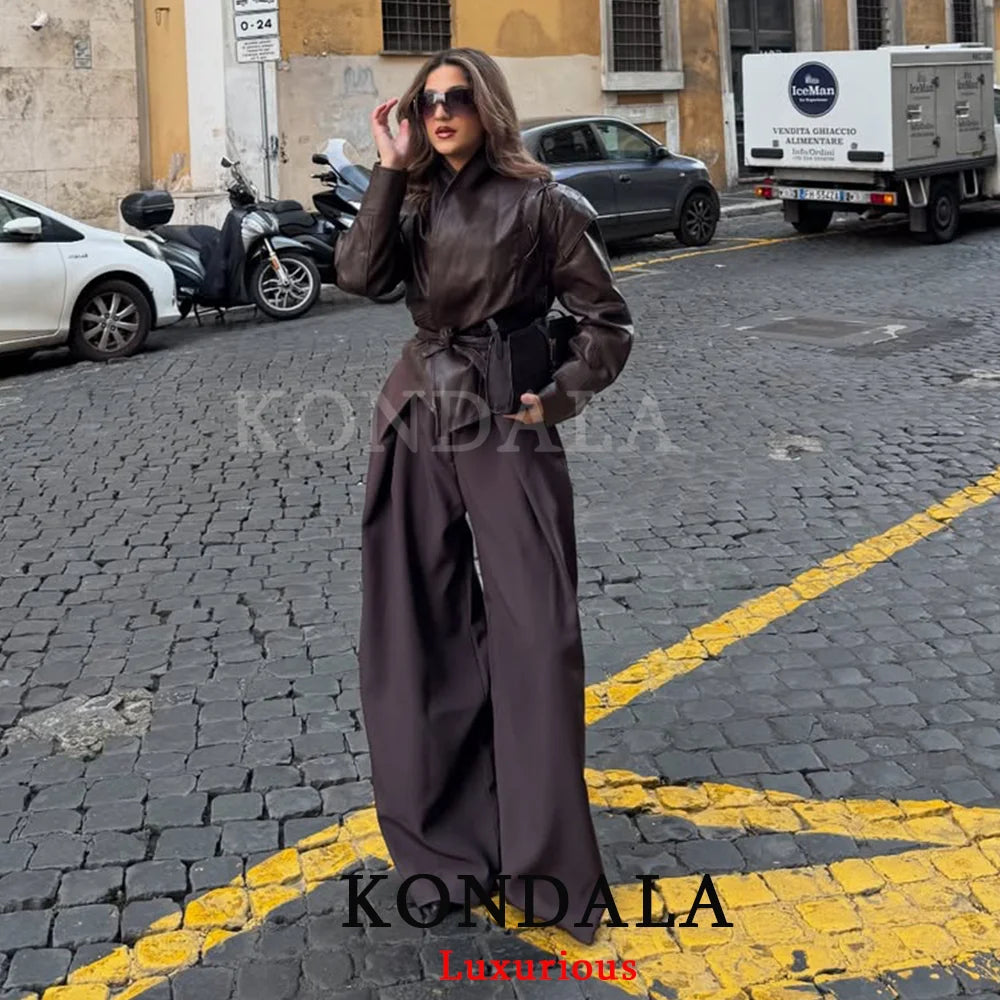 KONDALA Casual Chic Wide Leg Pants Women Office Lady Pockets Pleated Long Trousers Fashion 2026 Spring Summer Streetwear Pants