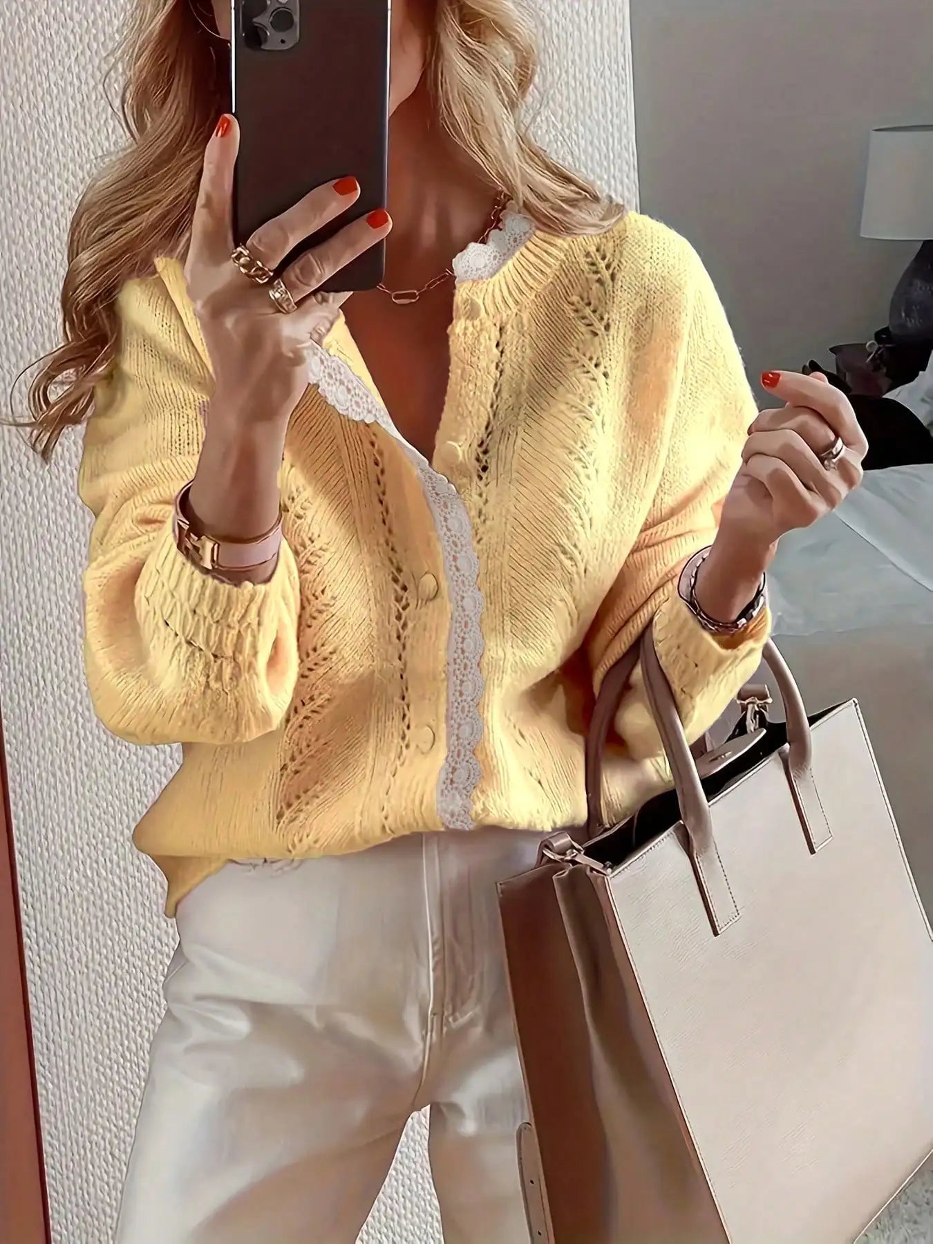 Autumn and winter fashion elegant long sleeved lace patchwork cardigan knitted sweater