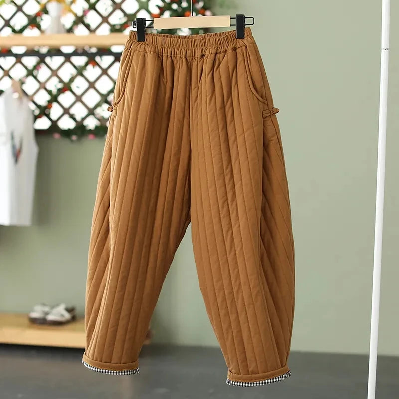 Women's Warm Pants Autumn Winter 2025 Vertical line pressed Solid Cotton padded Elastic waist band Buckle Casual Carrot trousers