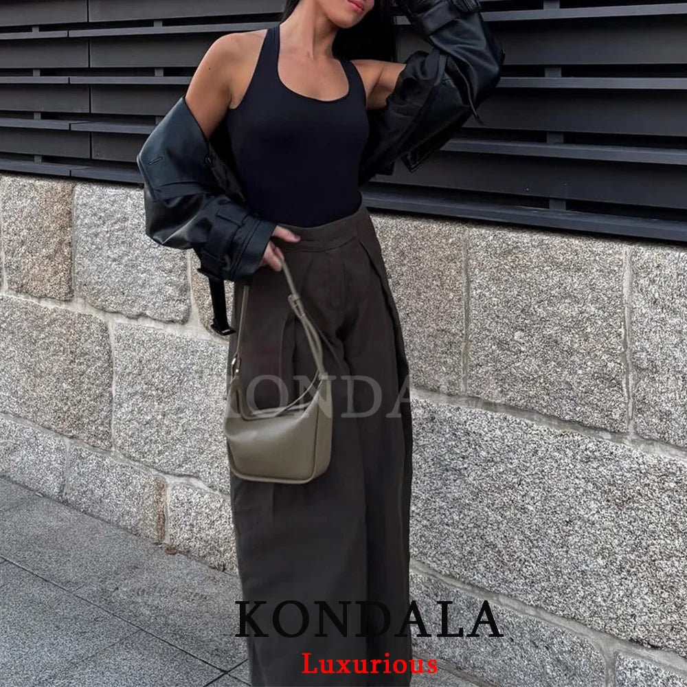 KONDALA Casual Chic Wide Leg Pants Women Office Lady Pockets Pleated Long Trousers Fashion 2026 Spring Summer Streetwear Pants