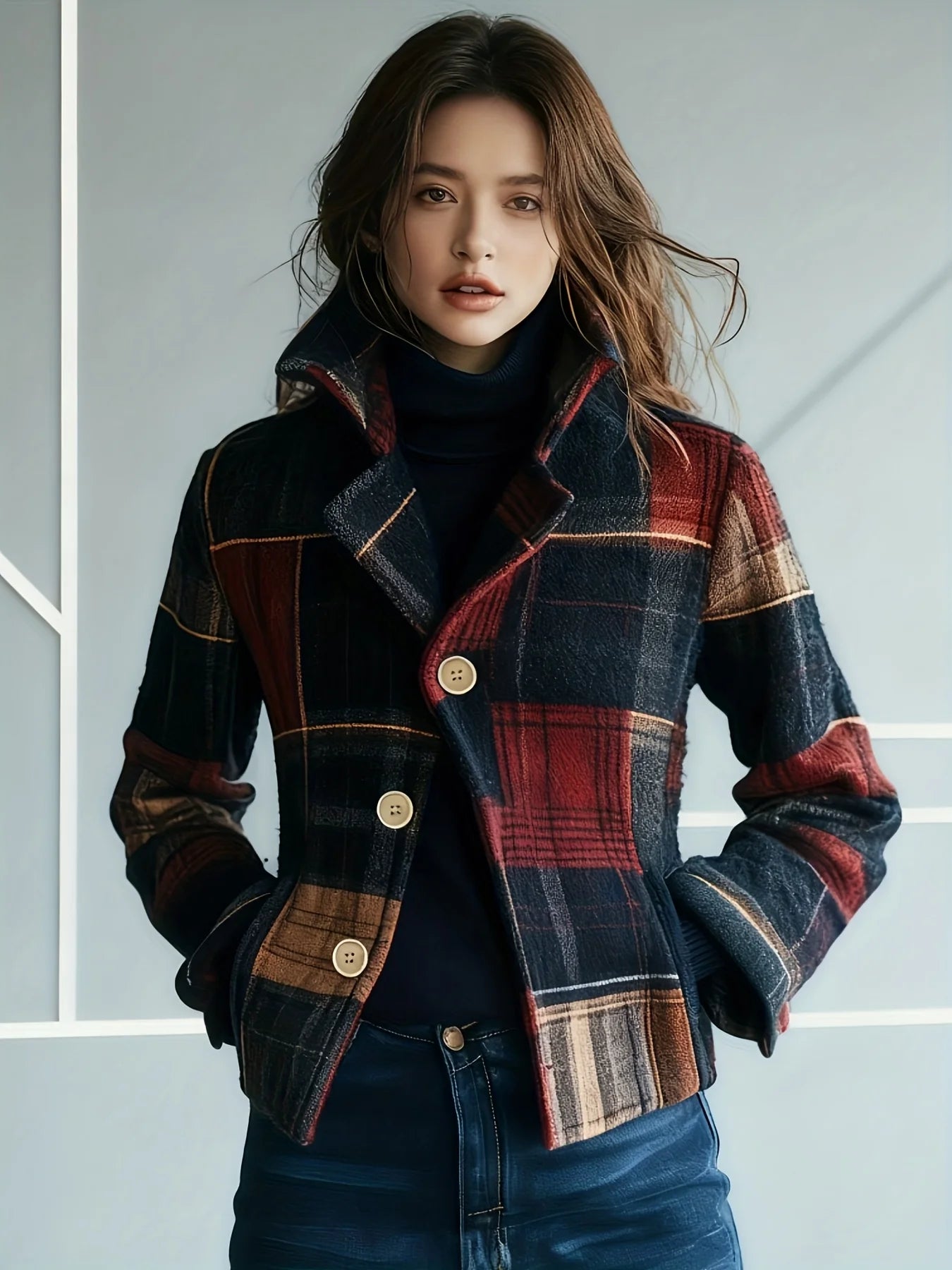 Women's Autumn/Winter Retro Plaid Jacket with Two-Button Closure, Soft and Comfortable Fabric, Perfect for Daily Casual Wear