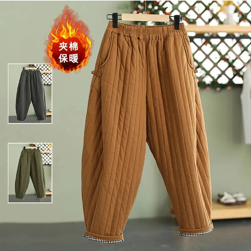 Women's Warm Pants Autumn Winter 2025 Vertical line pressed Solid Cotton padded Elastic waist band Buckle Casual Carrot trousers