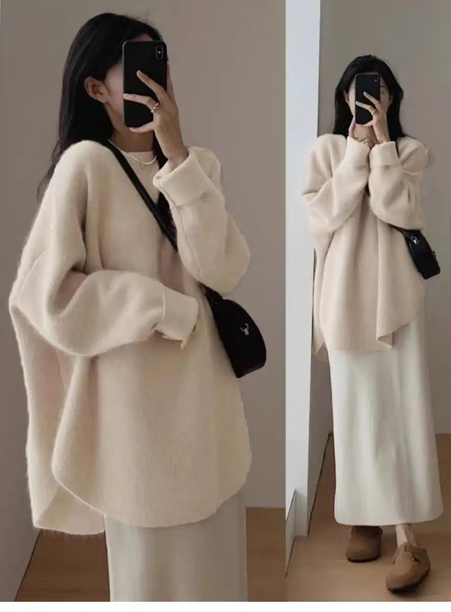 Women's Lazy Kaze Jun Mountain Cashmere Sweater round Neck Loose Long Hem Split Skirt Thickened Knitted Bottoming Shi