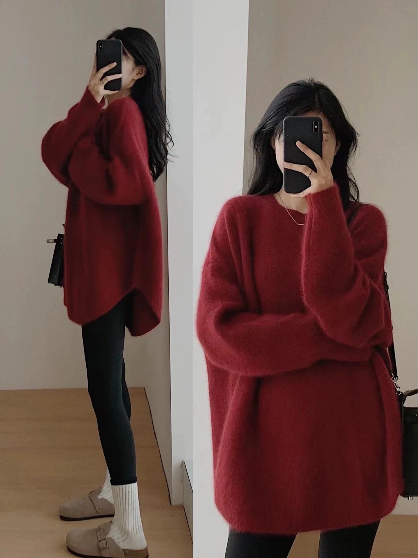 Women's Lazy Kaze Jun Mountain Cashmere Sweater round Neck Loose Long Hem Split Skirt Thickened Knitted Bottoming Shi