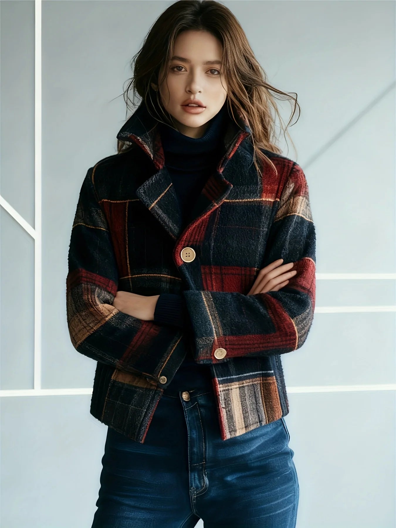 Women's Autumn/Winter Retro Plaid Jacket with Two-Button Closure, Soft and Comfortable Fabric, Perfect for Daily Casual Wear