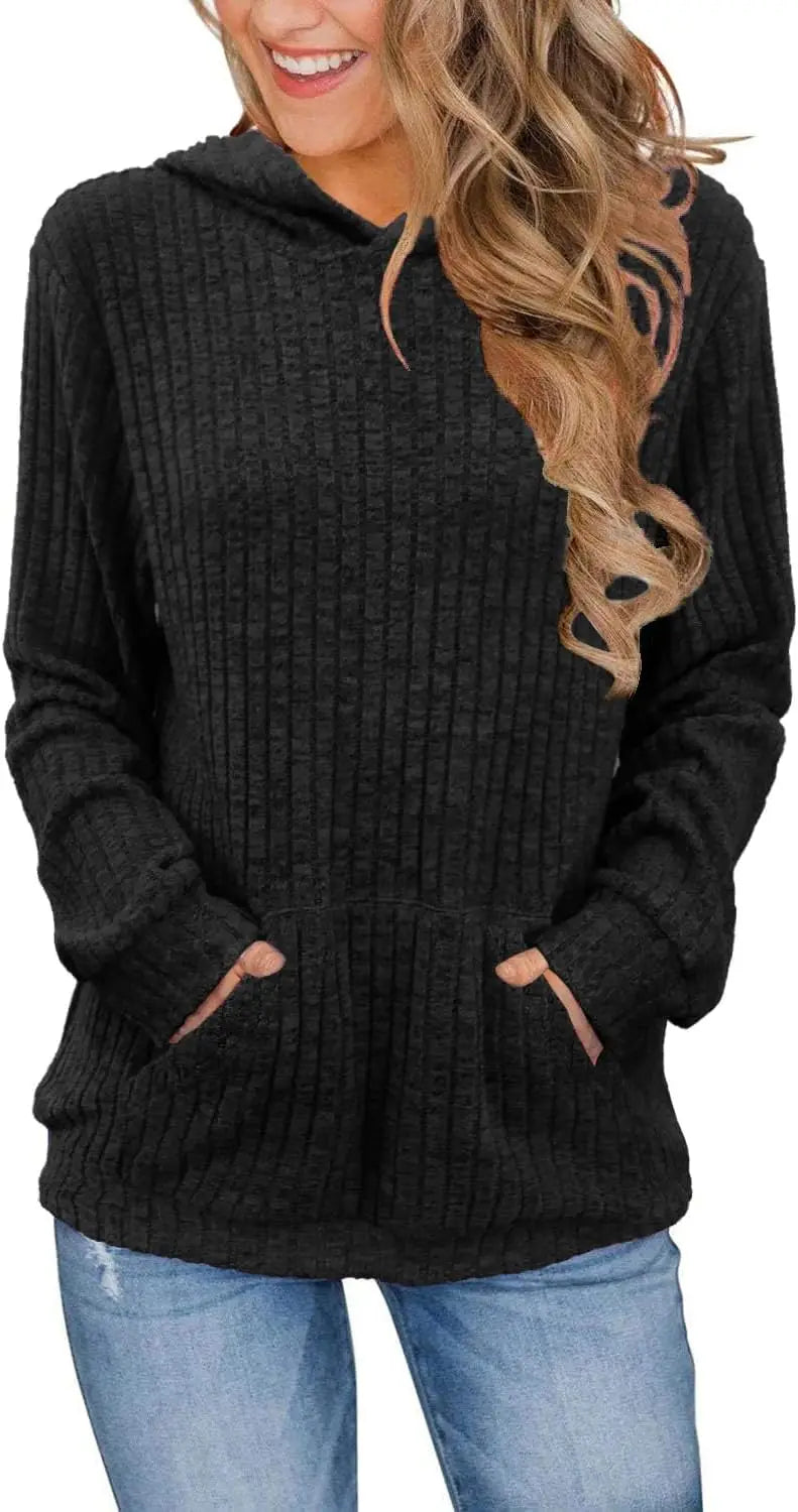 Plus size fashion women's solid color ribbed hooded casual long sleeve sweatshirt with pockets