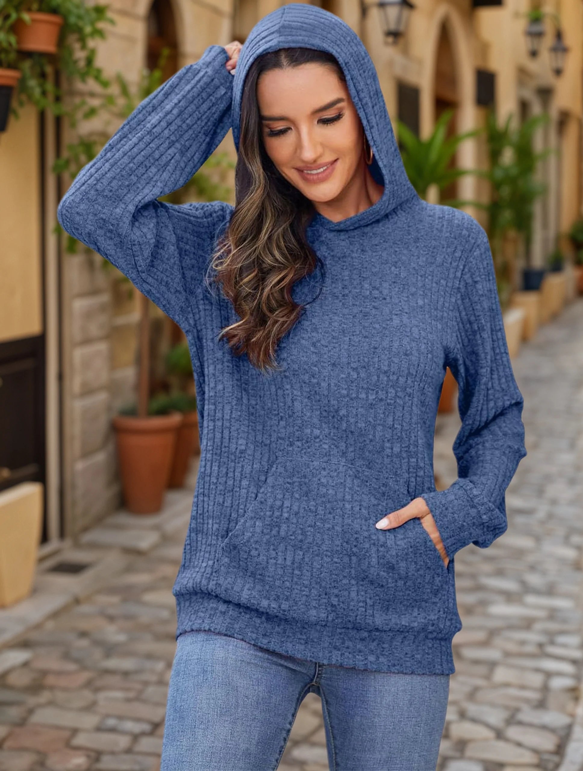 Plus size fashion women's solid color ribbed hooded casual long sleeve sweatshirt with pockets