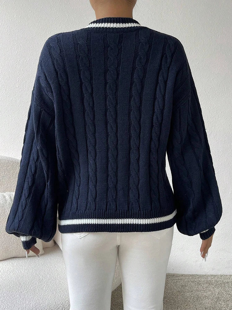 Fashionable and elegant V-neck top Women's Fried Dough Twists intercolor knitwear Long sleeve loose