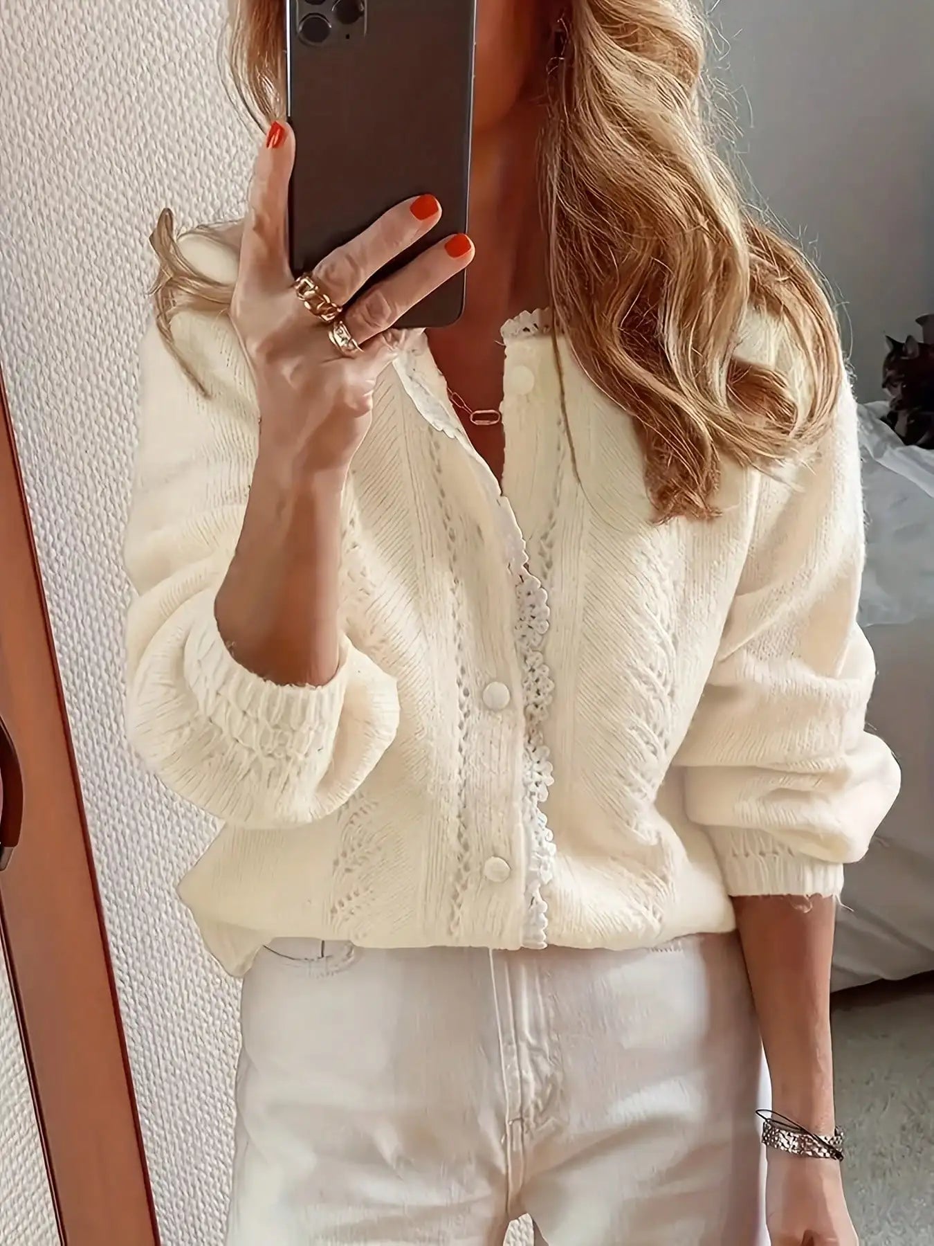 Autumn and winter fashion elegant long sleeved lace patchwork cardigan knitted sweater