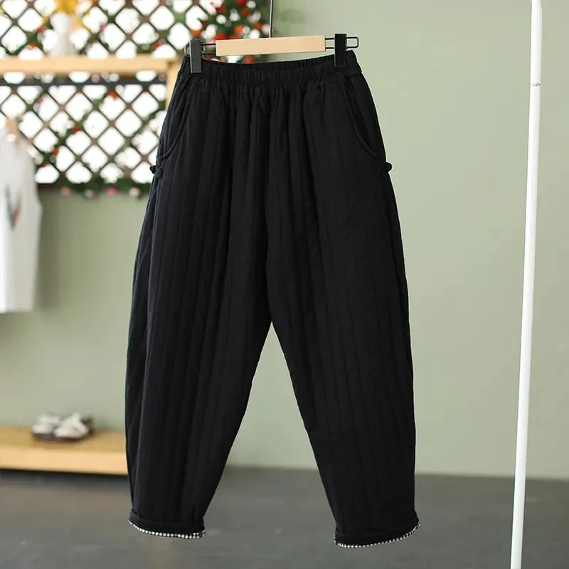 Women's Warm Pants Autumn Winter 2025 Vertical line pressed Solid Cotton padded Elastic waist band Buckle Casual Carrot trousers