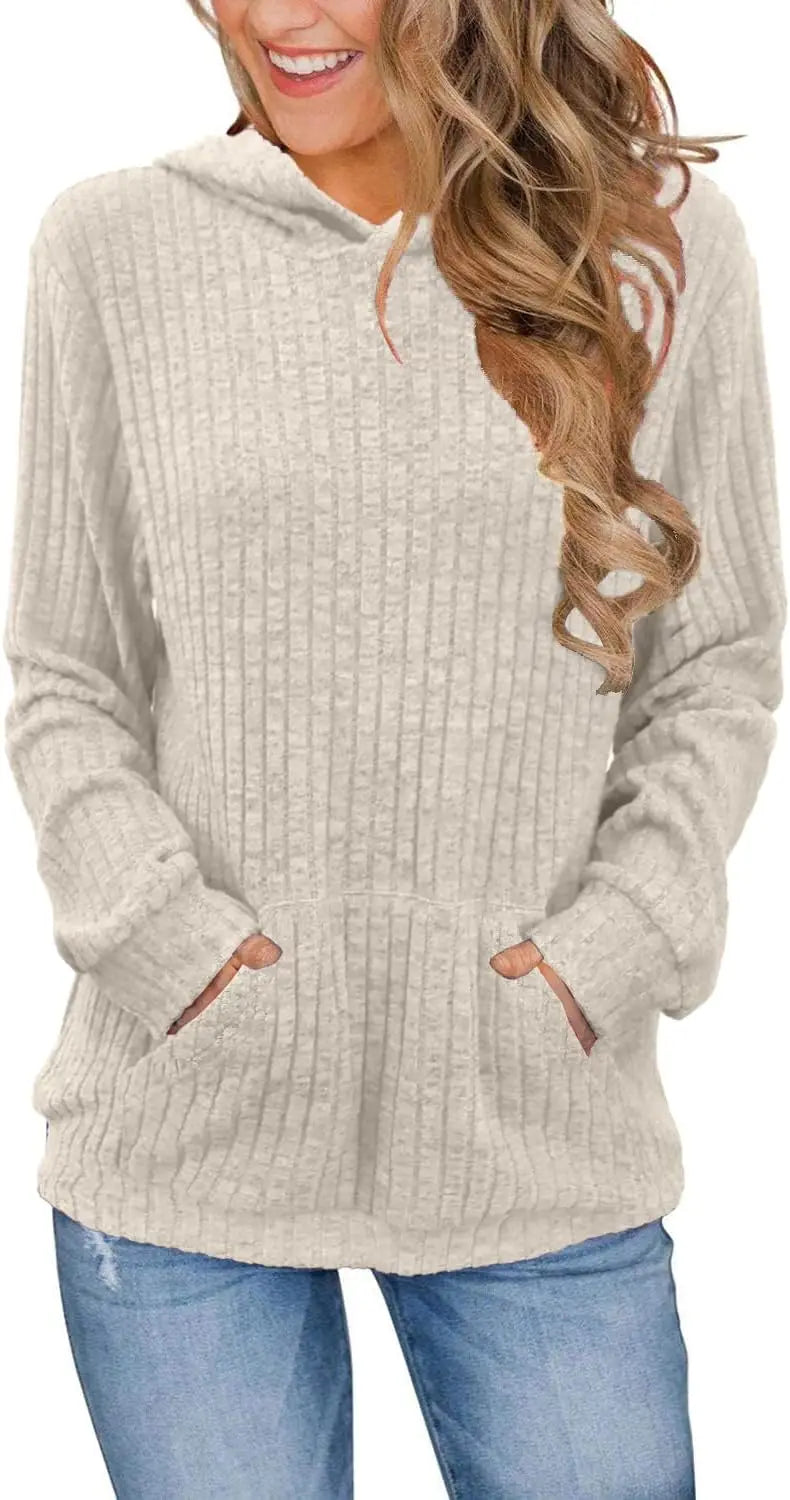 Plus size fashion women's solid color ribbed hooded casual long sleeve sweatshirt with pockets