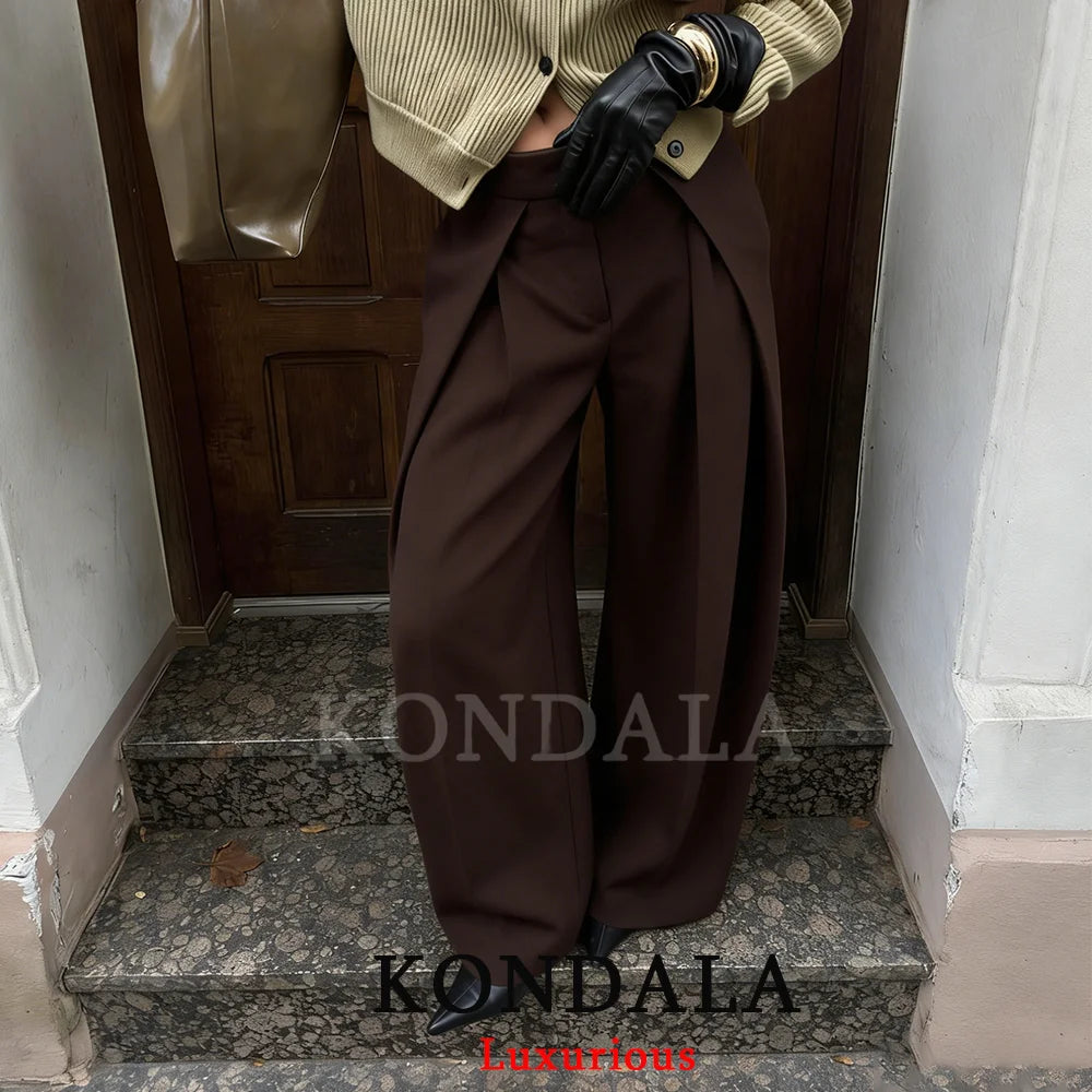 KONDALA Casual Chic Wide Leg Pants Women Office Lady Pockets Pleated Long Trousers Fashion 2026 Spring Summer Streetwear Pants
