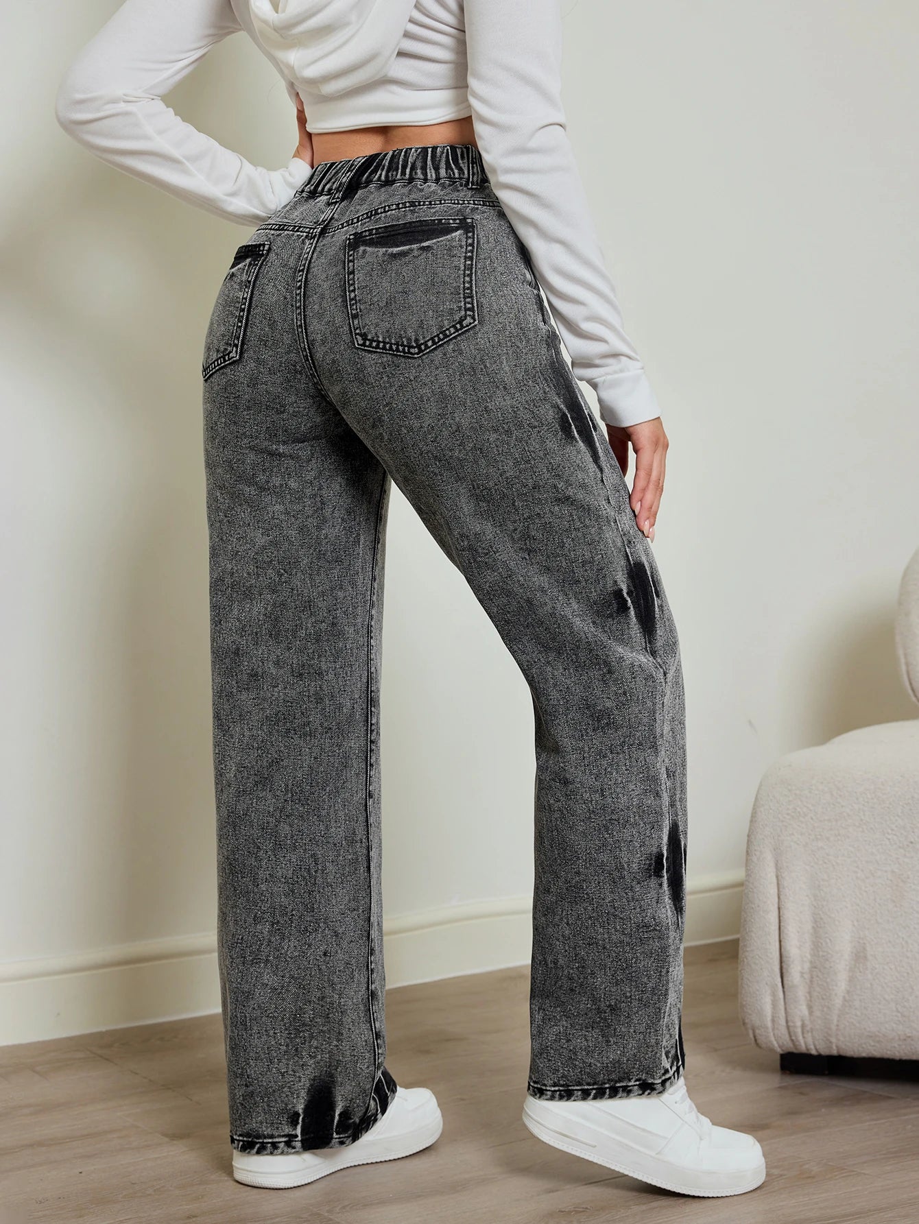 2025 autumn new women's jeans, tie-dye contrast washing, elastic waist, high waist straight jeans